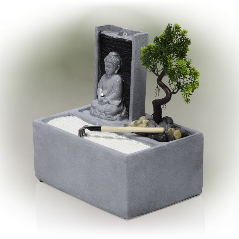 Gray Cement Buddha Bonsai Garden Tabletop Fountain with LED Light