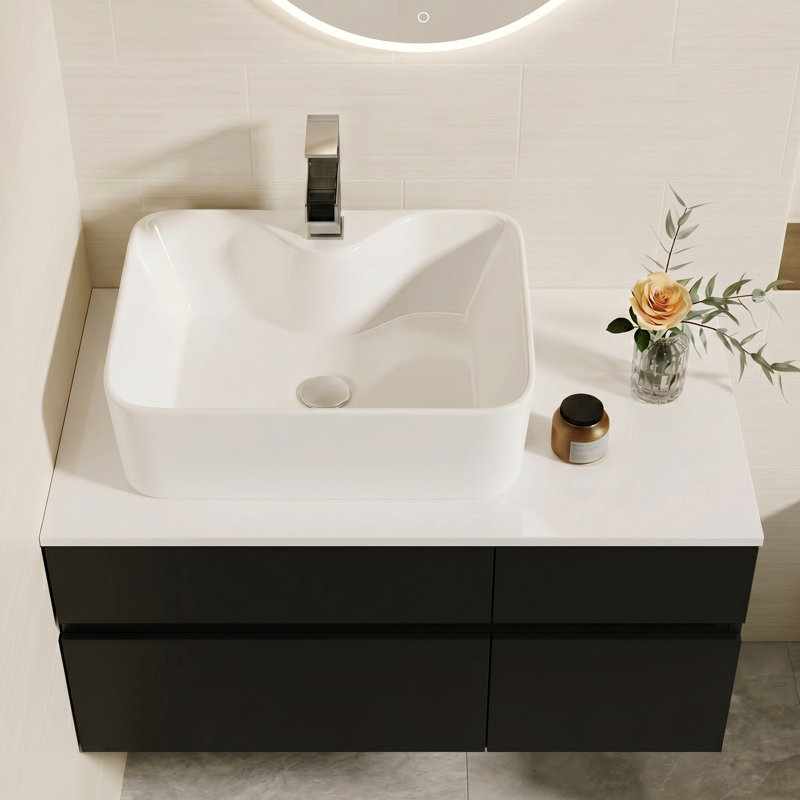 Meuble-lavabo flottant moderne 32 "avec plateau en pierre frittée et vasque en céramique