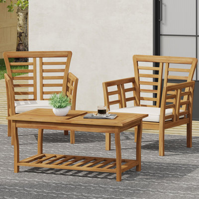 Wood 2 Club Chairs And Table With Slat Panels, Suitable For Outdoor Weather Conditions + To Elements In Brown