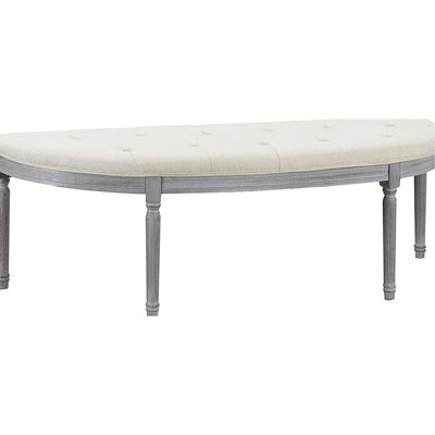 Button Beige Upholstered Coastal Bench With Weathered Gray Legs, Half Crescent Shape For Bedroom Use, And Maintainable, American Style, 19.5 In Width Style Fits Wall Corridors, Build, Simple Assembly,