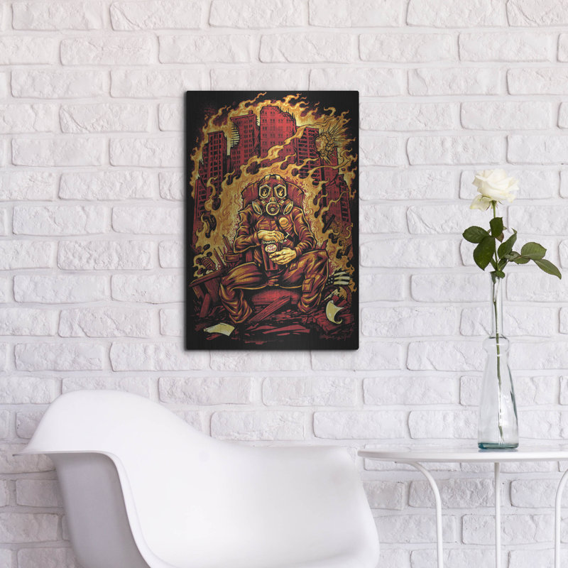 «Gas Mask Destroyed City» par Flyland Designs, art mural en métal, 16 po x 24 po