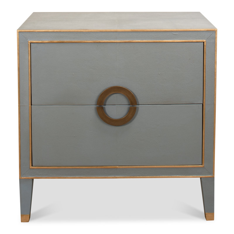 Transitional Gray Shagreen Leather Nightstand with Gold Accents