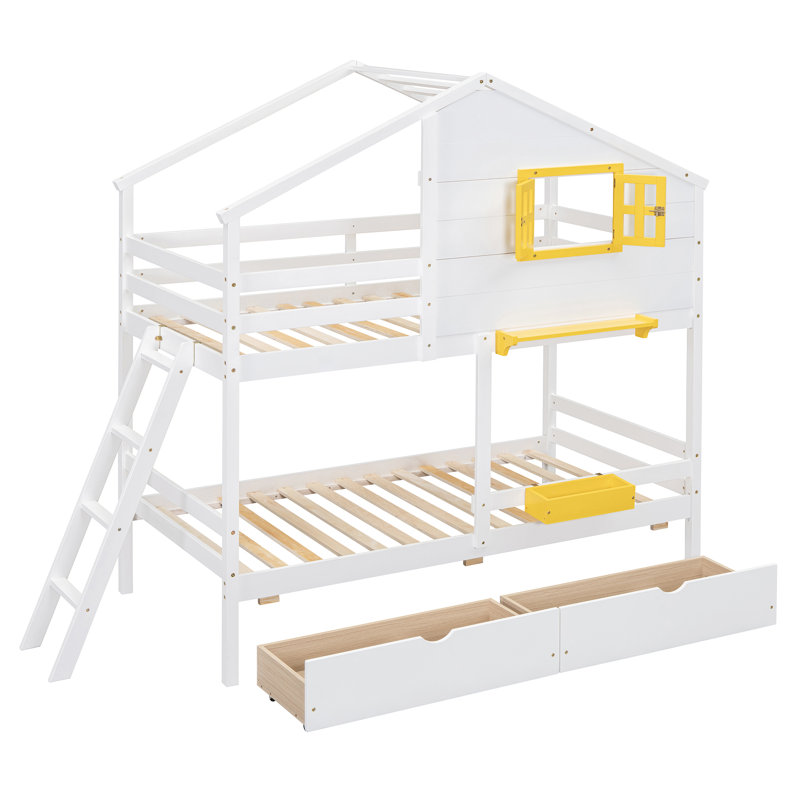 Vandenbosch Twin over Twin House Bunk Bed with Drawers by Harper Orchard, White