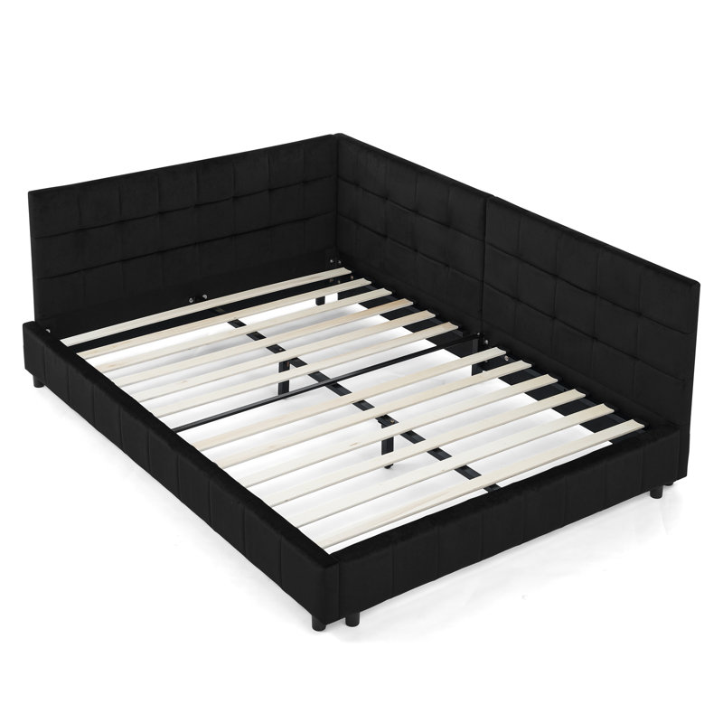 Full Size Upholstered Tufted Sofa Bed Frame, Velvet Headboard & Armrests, Comfortable Backrest, Black, Black, Full