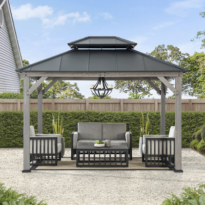 Sunjoy 10 x 12 ft Cedar Wood Gazebo, Outdoor 2-Tier Black Coated Steel Hardtop for Patio, Lawn & Backyard