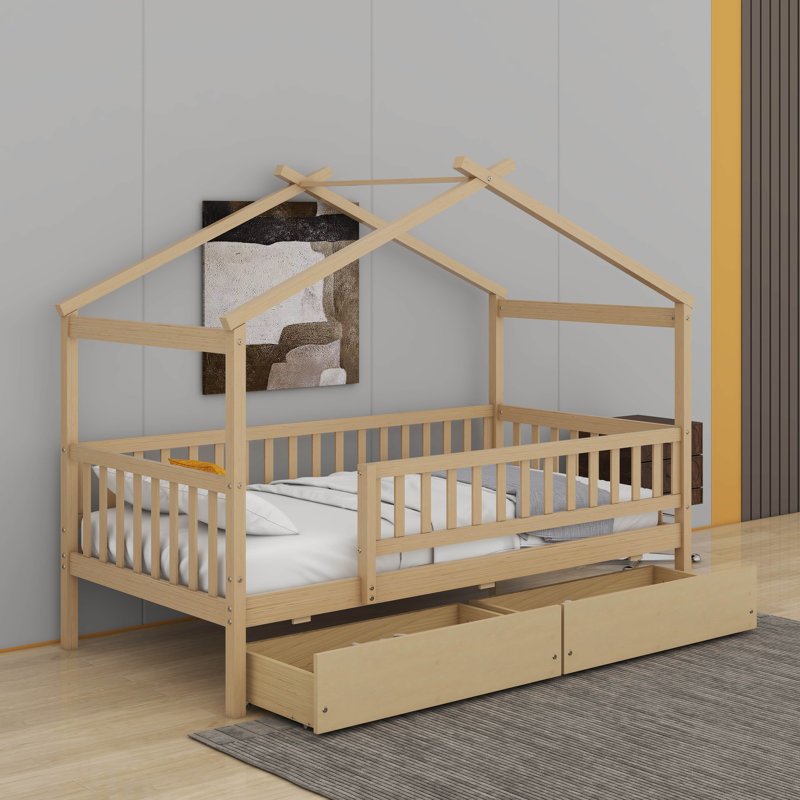 Lit simple en bois avec tiroirs, Naturel