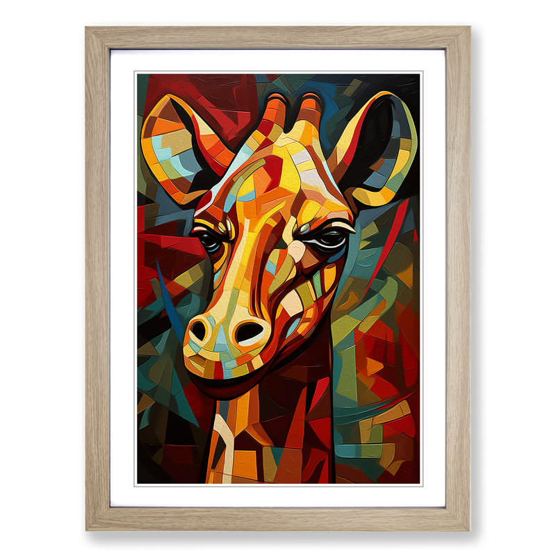 Giraffe Cubism - Single Picture Frame Print on Wood, Oak Framed, 64cm H x 46cm W