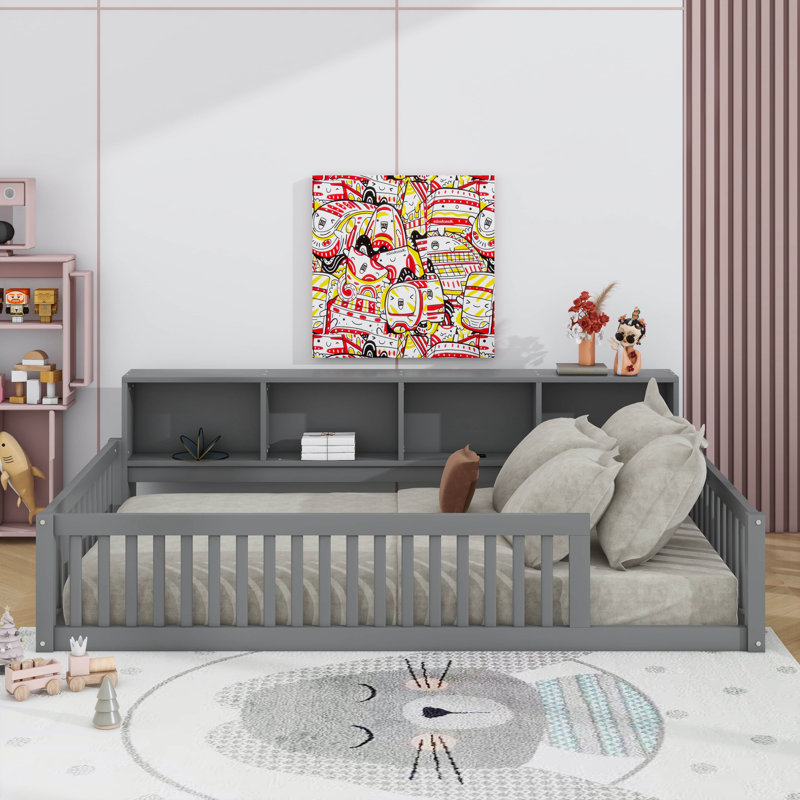 Twin XL Size Floor Bed With Cabinets And USB Ports, Gray