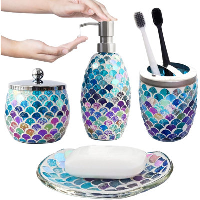 Mermaid Bathroom Accessories Set 4 Pcs | Handcrafted Mosaic Glass Soap Dispenser, Toothbrush Holder, Cotton Jar, Soap Tray | Luxury Mermaid Bathroom Decor