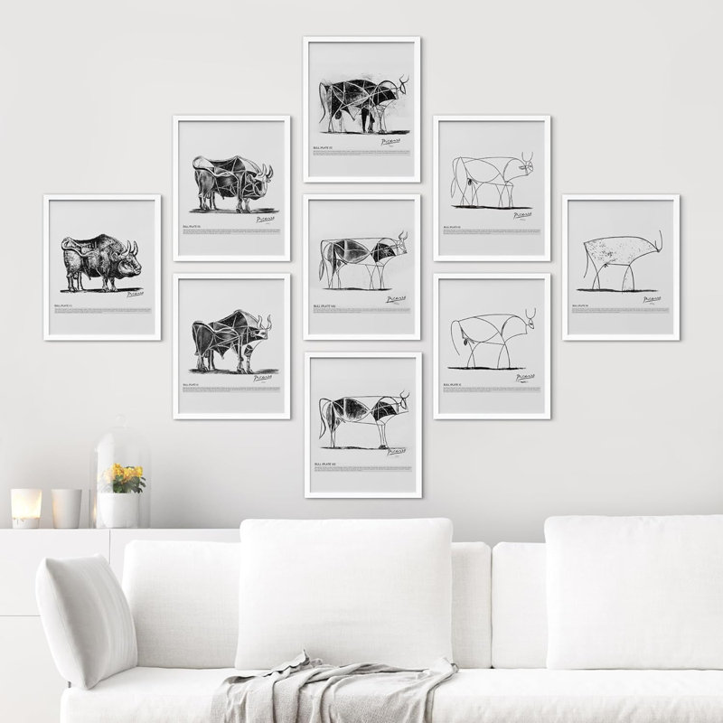 Ensemble de taureaux géométriques Pablo Picasso, dessin d'animaux encadrés sur papier, 9 pièces, H 14 po x l 11 po x P 1 po