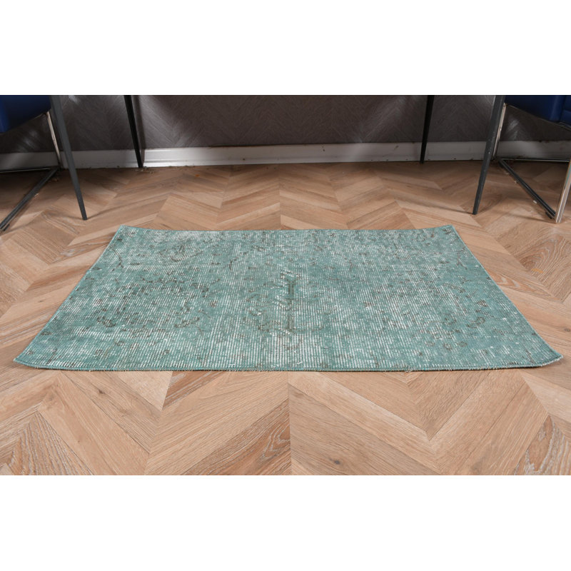 Handwoven Vintage Turkish Rug in Green Ideal for Entryway Decor and Small Area Coverage