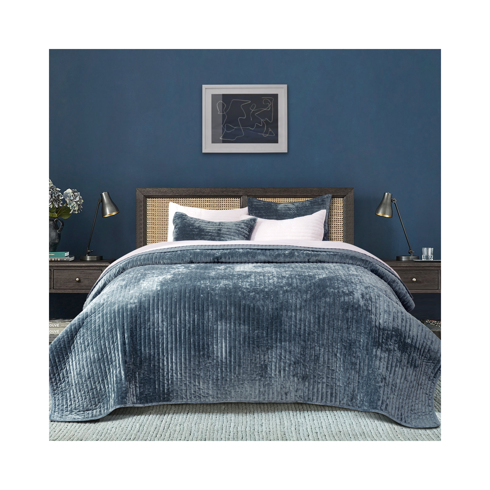 Luxe Velvet Channel Quilt Set, King, Stormy Blue