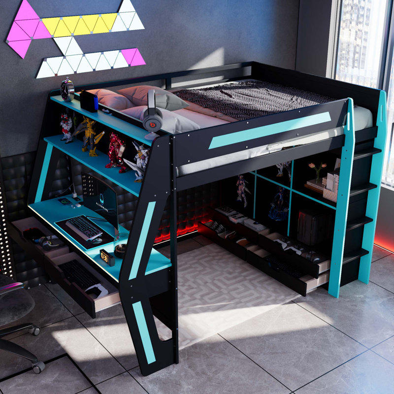 Lit mezzanine Gaming avec bureau intégré et éclairage intelligent RVB, Noir; Bleu