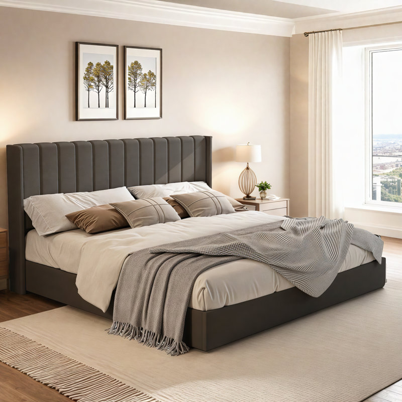 Lift Up Storage Bed Frame / Vertical Channel Tufted Headboard, King, Dark Gray