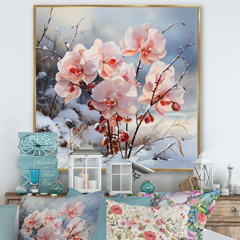 " Pink Orchids Charm In Winter ", Gold Floater Framed, 36" H x 36" W x 1.5" D
