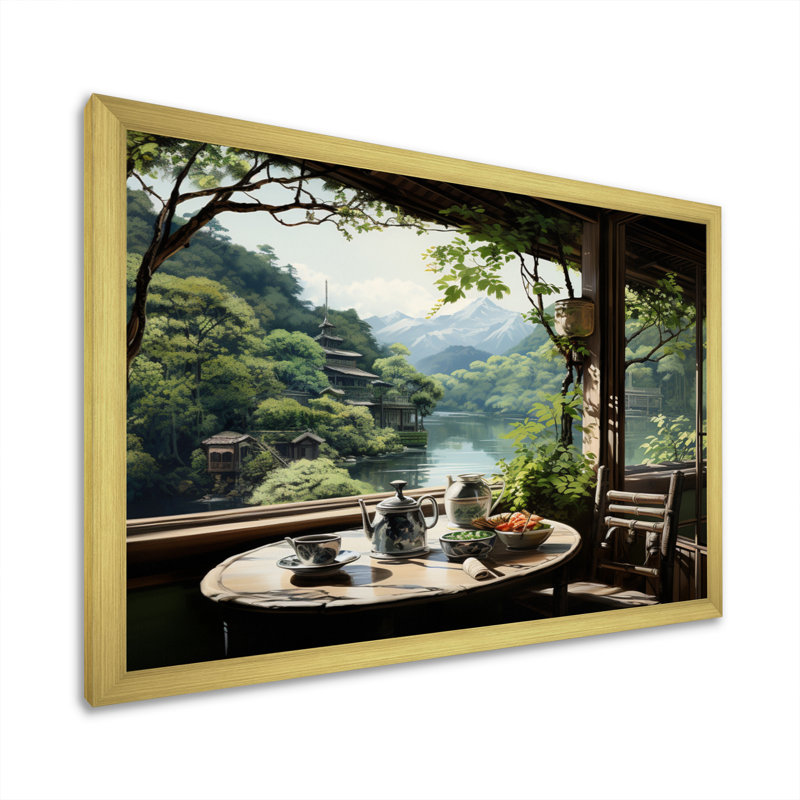 Art japonais, maison de thé Serenity - Art mural japonais, H 34 po x l 44 po x P 1,5 po, Cadre doré simple
