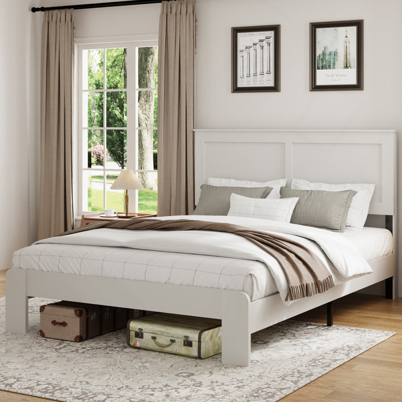 Cadre de lit grand, cadre de lit plateforme en bois, silencieux, aucun sommier nécessaire et outil d'assemblage facile, grand rangement sous le lit, blanc