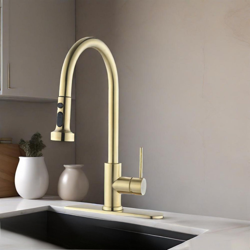 Robinet de cuisine rétractable avec douchette , Or brossé