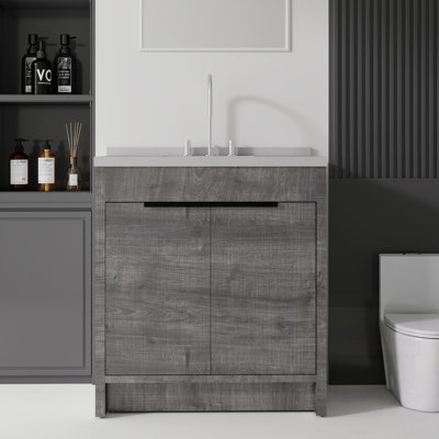 Meuble-lavabo autoportant avec lavabo, porte à fermeture en douceur, comptoir et dosseret en marbre de granite blanc de 2 po