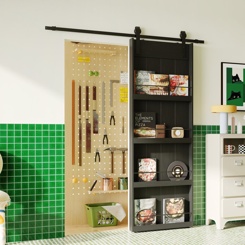 Porte de grange coulissante noire à quatre niveaux avec quincaillerie incluse, 42 po x 84 po, Noir