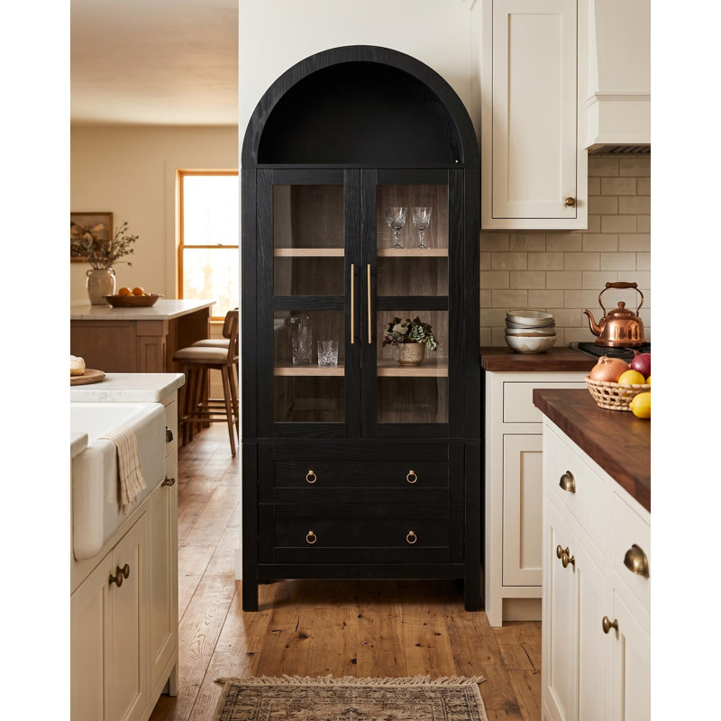 Grand garde-manger arqué de 71 po avec 2 grands tiroirs, tablettes réglables et porte vitrée, rangement de style campagne moderne pour la cuisine et la salle à manger
