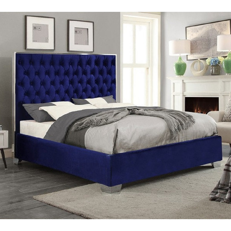 Delle Upholstered Velvet Bed, King, Blue
