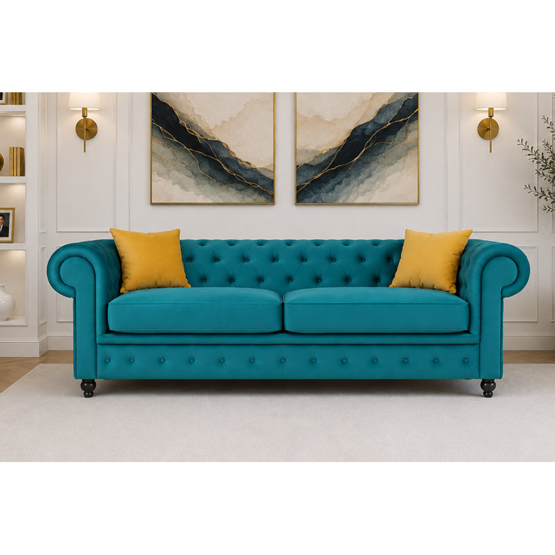 Frances 3 Seater Chesterfield Sofa Velvet, Mustard, 74cm H x 224cm W x 90cm D