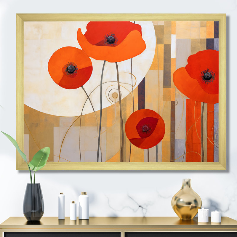" Bold Orange Cubic Flowers ", Gold Single Picture Framed, 30" H x 40" W x 1.5" D