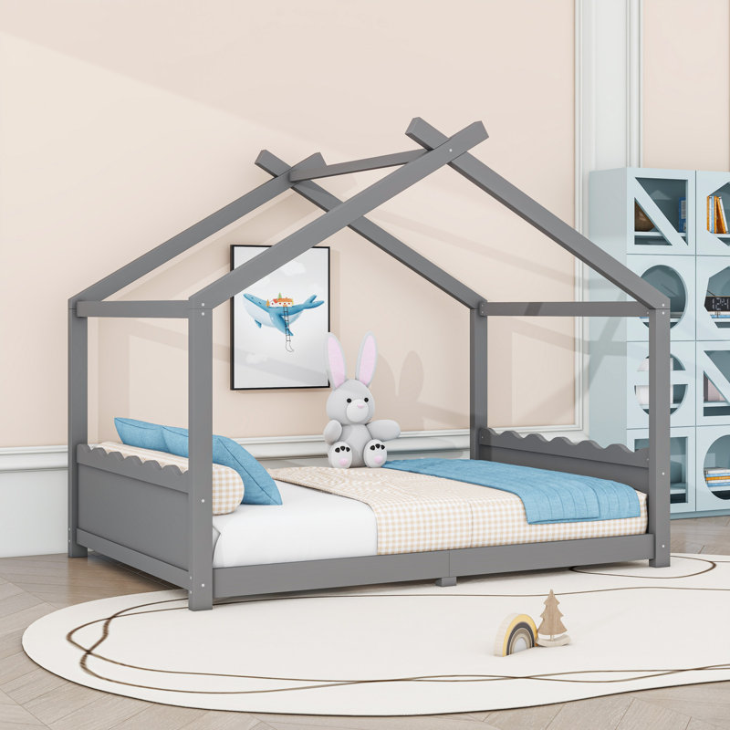 Montessori House Floor Bed with Center Support Legs, Low‑Profile Safe Design, Gray, Full