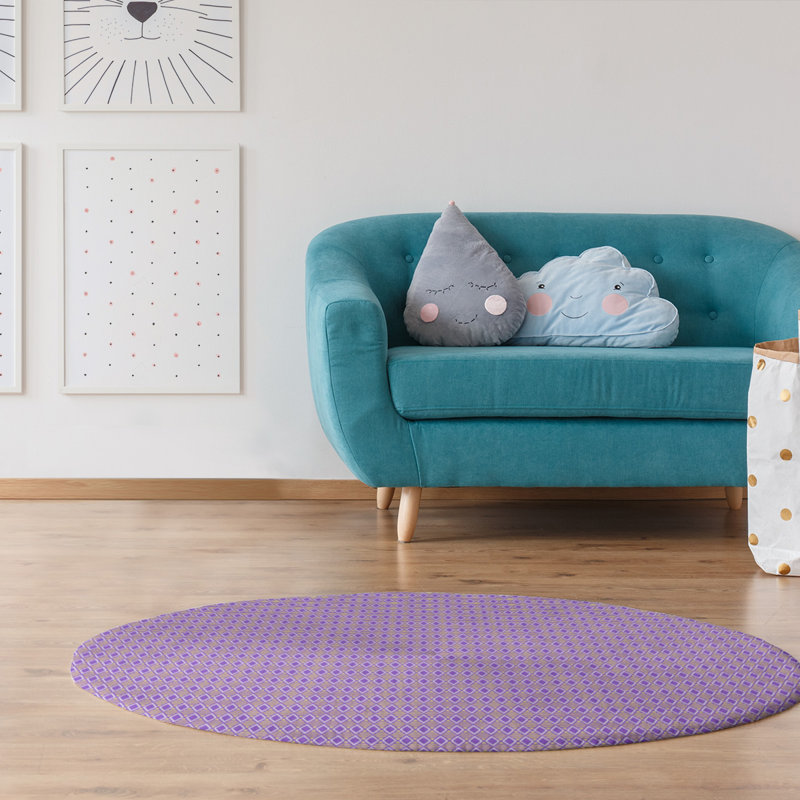 Tapis bleu à carreaux géométriques, Rond 5 pi