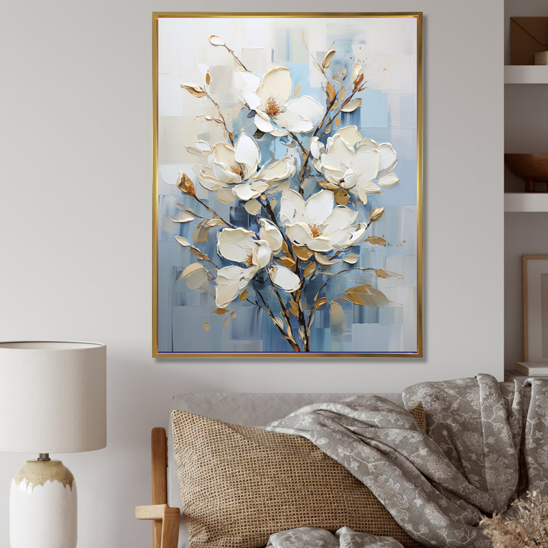 «Elegant White and Blue Magnolias Bloom V», reproduction sur toile, Cadre flottant doré, H 44 po x l 34 po x P 1,5 po