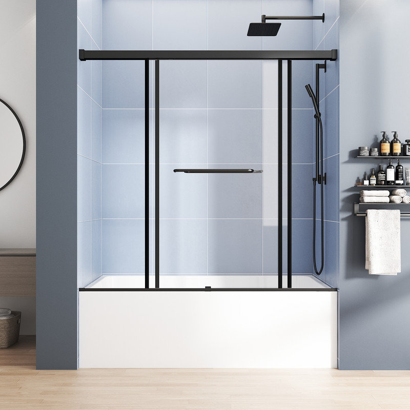 Bathtub Sliding Door 55"-60"W x 56"H Semi-Frameless Tempered Glass with Explosion-Proof Film Stainless Steel Matte Black