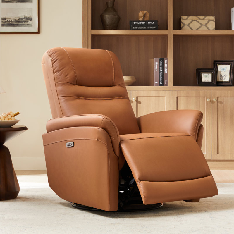 Martina Genuine Leather Swivel Gliding Power Recliner, Brown