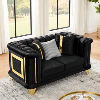 Velours victorien de style Mid-Century de luxe moderne de 69 pouces avec bordure dorée, texture brodée et 3 coussins pour l'espace de vie principal
