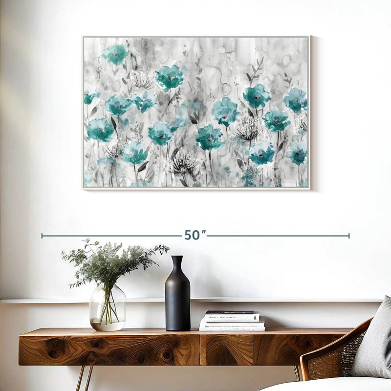 Teal Poppy Garden, Floating Frame White, 37" X 25"