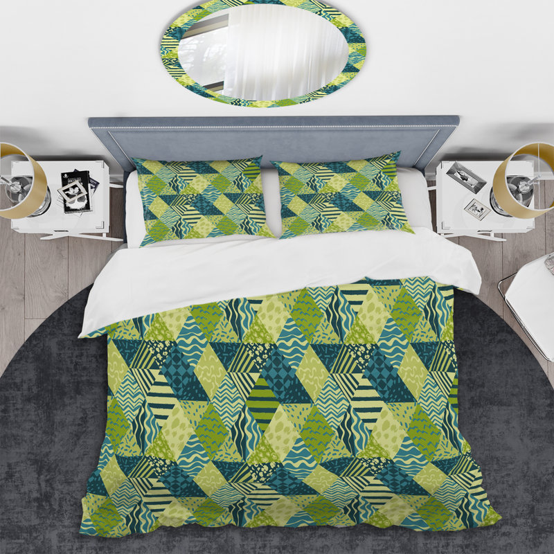 Ensemble de housse de couette Green Abstract Patchwork, Housse de couette pour très grand lit et 2 très