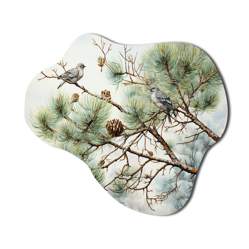 Bird On Pine Tree I - Tree Pine Cloud Shape Irregular Metal Wall Decor, 25" H x 28" W x 1" D