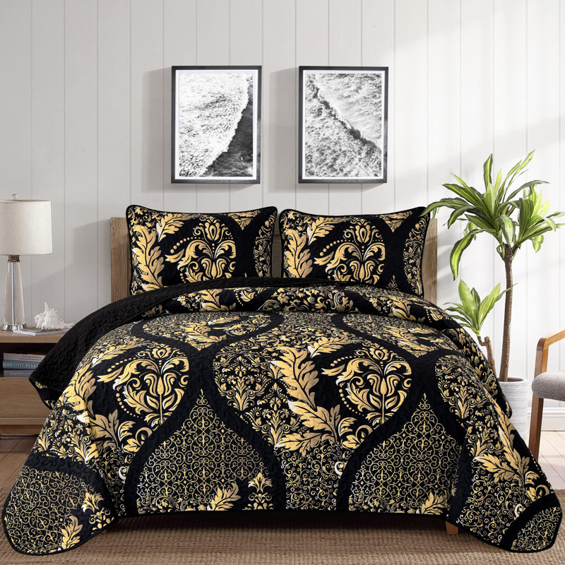 Ensemble de couvre-lit 3 pièces Boho, Courtepointe pour très grand lit et 2 taies d'ore, Noir et or