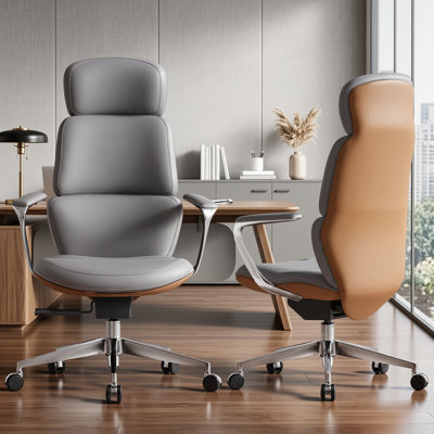 Genuine Leather Executive Chair, Swivel Ergonomic Office Chair, Home Desk Chair with Tilt Reclining, Alu