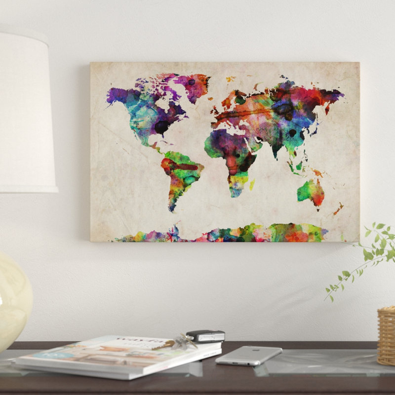 « world map urba aquarelle ii » par michael tompsett, impression, H 24 po x l 32 po x P 1 po, Cadre noir