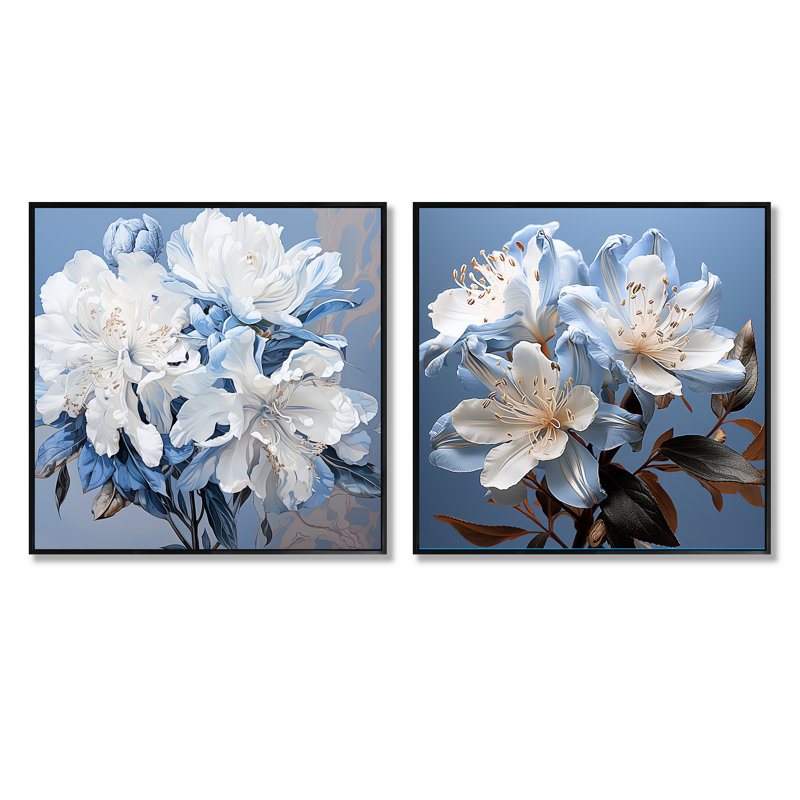 Bouquet de rhododendrons en pleine floraison III - ensemble de 2 collages rhododendrons carrés, Cadre flottant noir