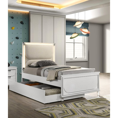 Lit double contemporain blanc perle pleine grandeur, cadre avec tube en acrylique à DEL sur la tête de lit, cadre d'ameublement en bois, tête de lit et panneaux, rehaussement de chambre à coucher