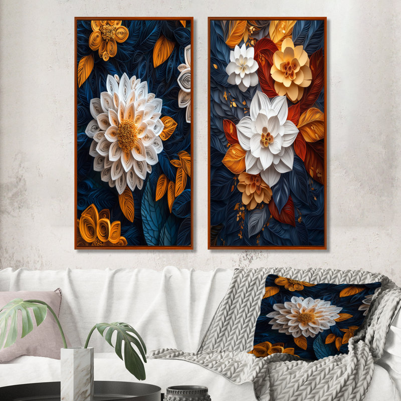 Ensemble de 2 pièces d'art mural blanc botanique blanc tourbillon botanique III, H 40 po x l 40 po, Cadre flottant brun