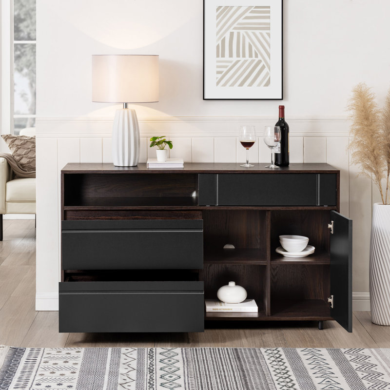 Yveth 52'' Contemporary Sideboard with Open Storage, Dark Espresso/Solid Black