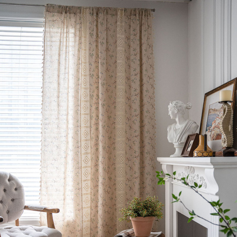 Anclote Cotton Linen Curtains Vintage Hollow Out Translucent Beige Khaki Flowers (Set of 2), 59" W x 63" L