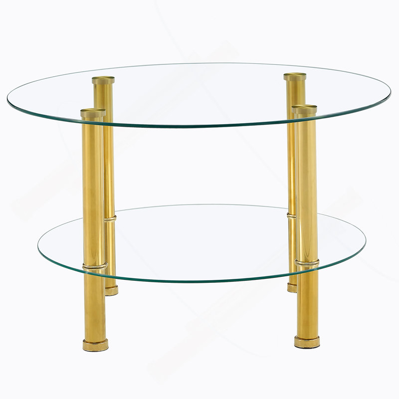 Contemporary Minimalist Double Layer Tempered Glass Coffee Table - 27.5" Top and 23.6" Bottom.Reinforced Glass Tabletop,Stainless Steel Golden Plated Legs.