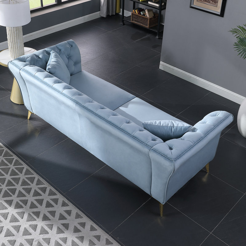 87" Oro Chesterfield Sofa with Flared Arms, Blue Velvet