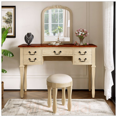 Élégante coiffeuse de maquillage rétro avec miroir à cadre courbé, 5 tiroirs et tabouret en cuir pour la chambre à coucher