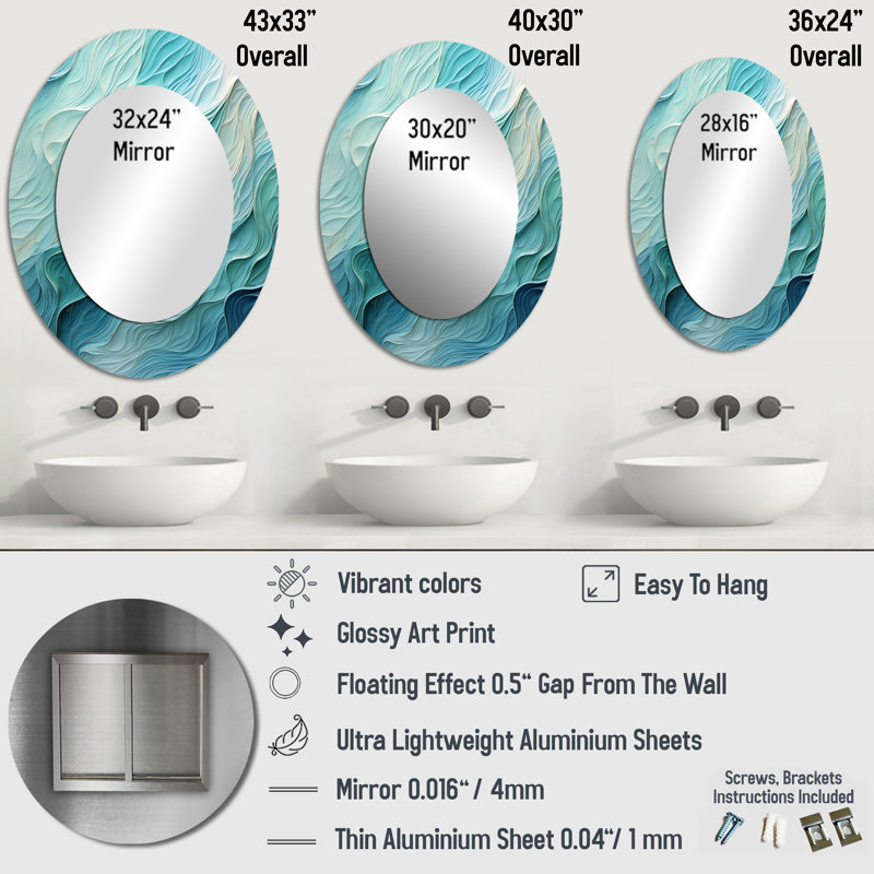 Turquoise bleu et blanc Serenity Swirl I - miroir mural ovale moderne, 36 po x 24 po