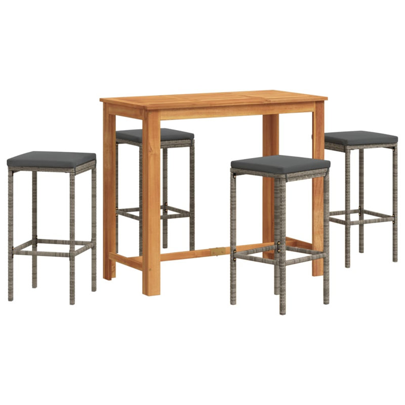 Ensemble de bar de patio 5 pièces Wildon Home® en bois massif d'acacia et de rotin de polyester, Gris, Gris